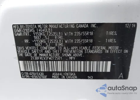 2015 Toyota Rav4 Limited from USA, damaged, VIN 2T3DFREV2FW272501